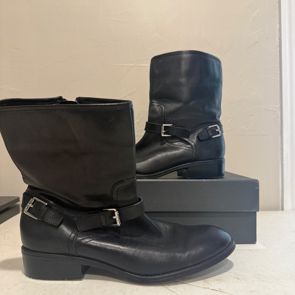 Lauren Ralph Lauren Mesi Moto Boots Women 9.5B Black Fair Leather Buckle Zip